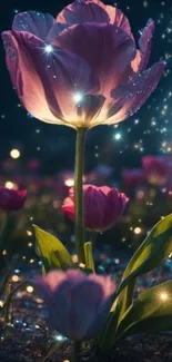 A magical night scene with glowing flowers.