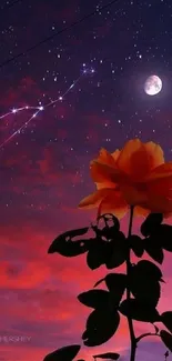 Orange flower silhouette against starry night sky with moon and constellation.