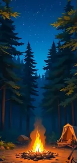 A serene forest campsite at night with a warm campfire under a starry sky.