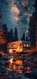 A camper van by a campfire under a starry night sky in the forest.