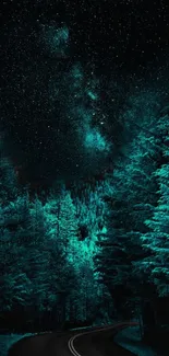 Starry night sky above a teal forest path