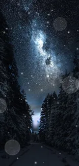 A starry night sky over a snowy forest path.