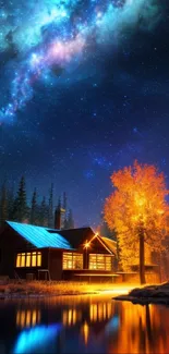 Starry sky over a cabin reflecting in a calm lake.