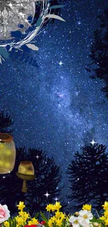 Starry night with trees, flowers, and glowing lantern.