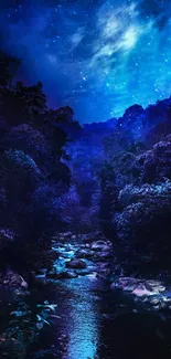 Starry night forest with a glowing blue sky and serene river.