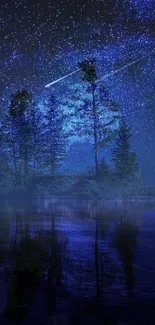 Starry night sky over a silhouetted forest and reflective lake.