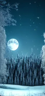 Moonlit snowy forest with starry night sky wallpaper.