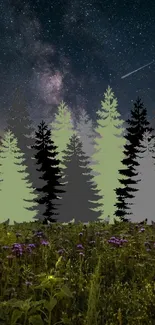 Starry night sky with tree silhouettes and a flowery meadow.