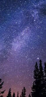 Starry night sky over a silhouetted forest with the Milky Way visible.