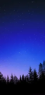 Starry night sky with forest silhouette mobile wallpaper.