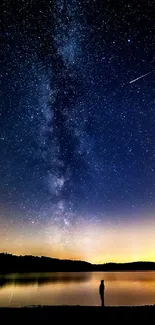 Person standing by a lake under a star-filled Milky Way sky at night.