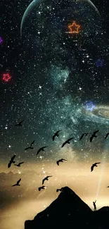 Starry night with galaxy, birds, and cosmic colors in a mesmerizing view.