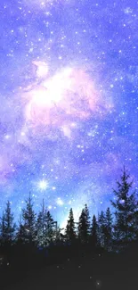 Starry night sky with purple galaxy over a silhouetted forest.