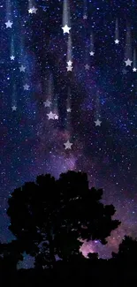 Silhouette of tree under a starry night sky with shooting stars and galaxy view.