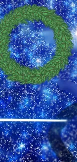 Green wreath on a starry blue galaxy background wallpaper.