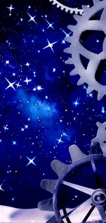 Dark blue night wallpaper with stars and gears.