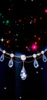 Starry night wallpaper with gem necklace and colorful sparkles.