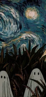 Whimsical starry night with ghosts art wallpaper.