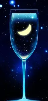 Glass with crescent moon against a starry night background.