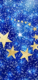 Starry night glitter wallpaper with golden stars on blue background.