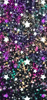 Colorful starry night glitter wallpaper with purple hues.