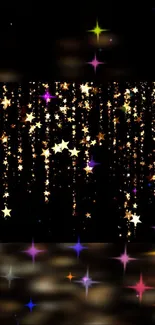 Mobile wallpaper with golden stars and glitter on a black background.