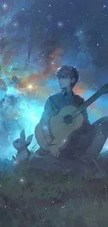 Guitarist under a starry, cosmic night sky wallpaper.