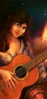 Woman playing guitar under starry night by campfire.