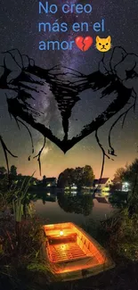 Night sky with a heart design over a calm lake with trees and stars.