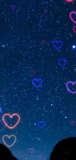 Starry night wallpaper with neon hearts glowing on a dark blue sky.