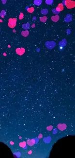 Mobile wallpaper with hearts floating in a starry night sky.