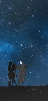 Starry night scene with a ghostly figure and dark silhouette under a star-studded sky.