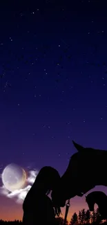 Silhouette of a horse and person against a starry night sky.