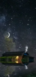 Serene house under starry night sky reflection.