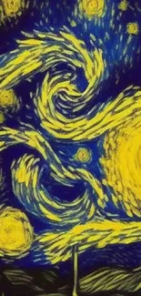 Wallpaper inspired by Van Gogh's Starry Night with swirls of blue and yellow stars.