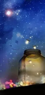 Starry night sky with glowing fireflies in a jar, creating a cosmic ambiance.