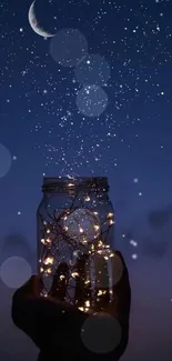 Enchanted night sky with stars and a jar of glowing lights.