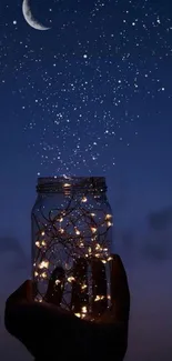 Mason jar with lights under a starry night sky and crescent moon.