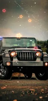 Jeep under a starry night sky, showcasing rugged design and adventure vibe.