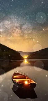 Boat on a calm lake reflecting a starry night sky.