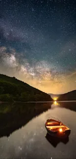 Starry night sky reflected on a calm lake with a glowing boat.