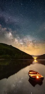 Starry sky over a lake with a glowing boat reflecting on water.