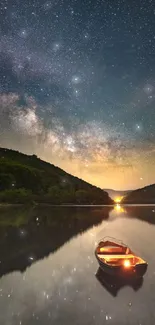 Starry night sky reflecting on a tranquil lake with a lit boat.