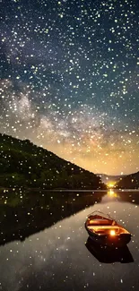 A starry night sky reflecting on a calm lake with a glowing boat in the foreground.