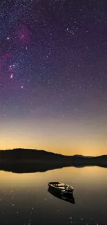 Boat on a tranquil lake under a starry night sky.