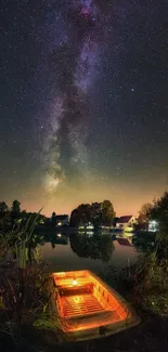 Milky Way over lake with glowing boat at night.