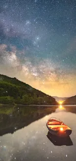 Starry night reflected in a lake with a glowing boat and vivid Milky Way.