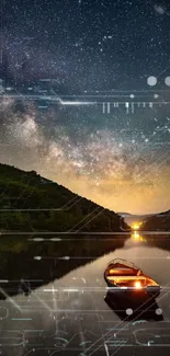 Boat on a lake under a starry night sky, reflecting serene night beauty.