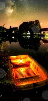 Starry night sky with Milky Way over lake and glowing orange boat.