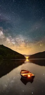 Boat reflecting under a starry night sky on a serene lake.